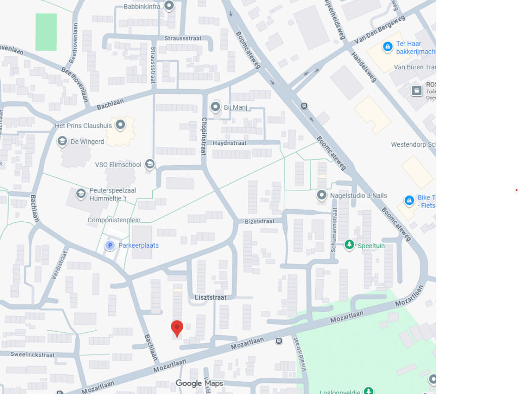 Kaart van het gebied rond de Mozartlaan en Bachlaan in Nijverdal waar werkzaamheden aan het gasnet plaatsvinden.