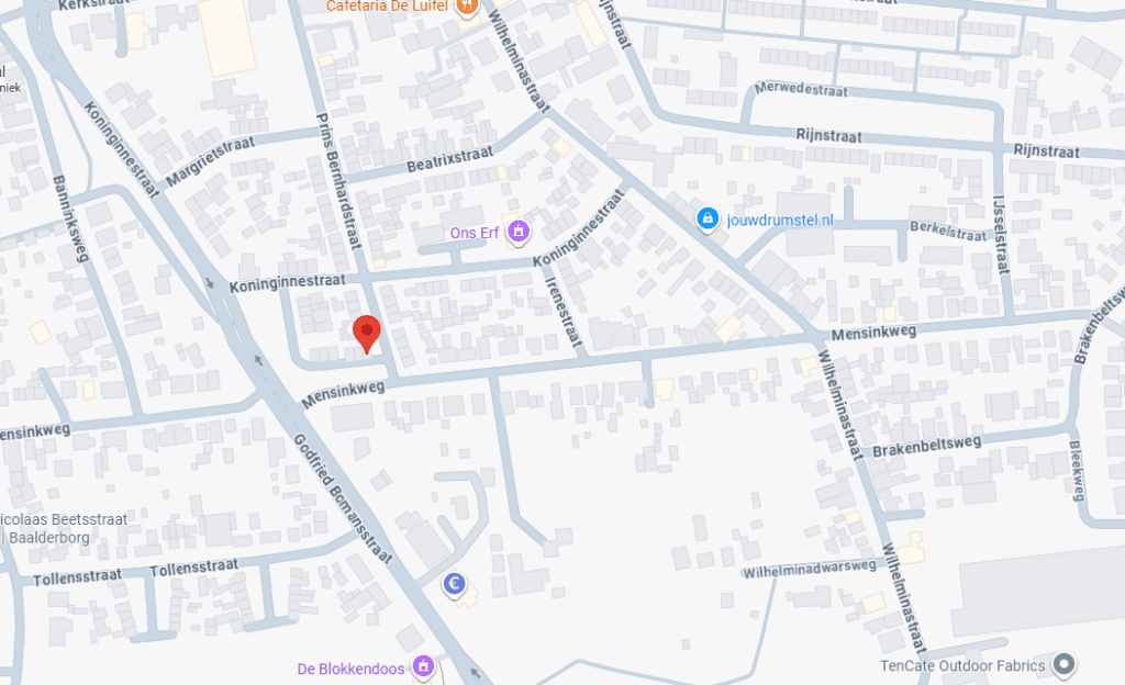 Kaart van het gebied rond de Mensinkweg en Koninginnestraat in Nijverdal waar werkzaamheden aan het gasnet plaatsvinden.